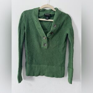 Eddie Bauer Green Waffle-Knit V-Neck Button Sweater
